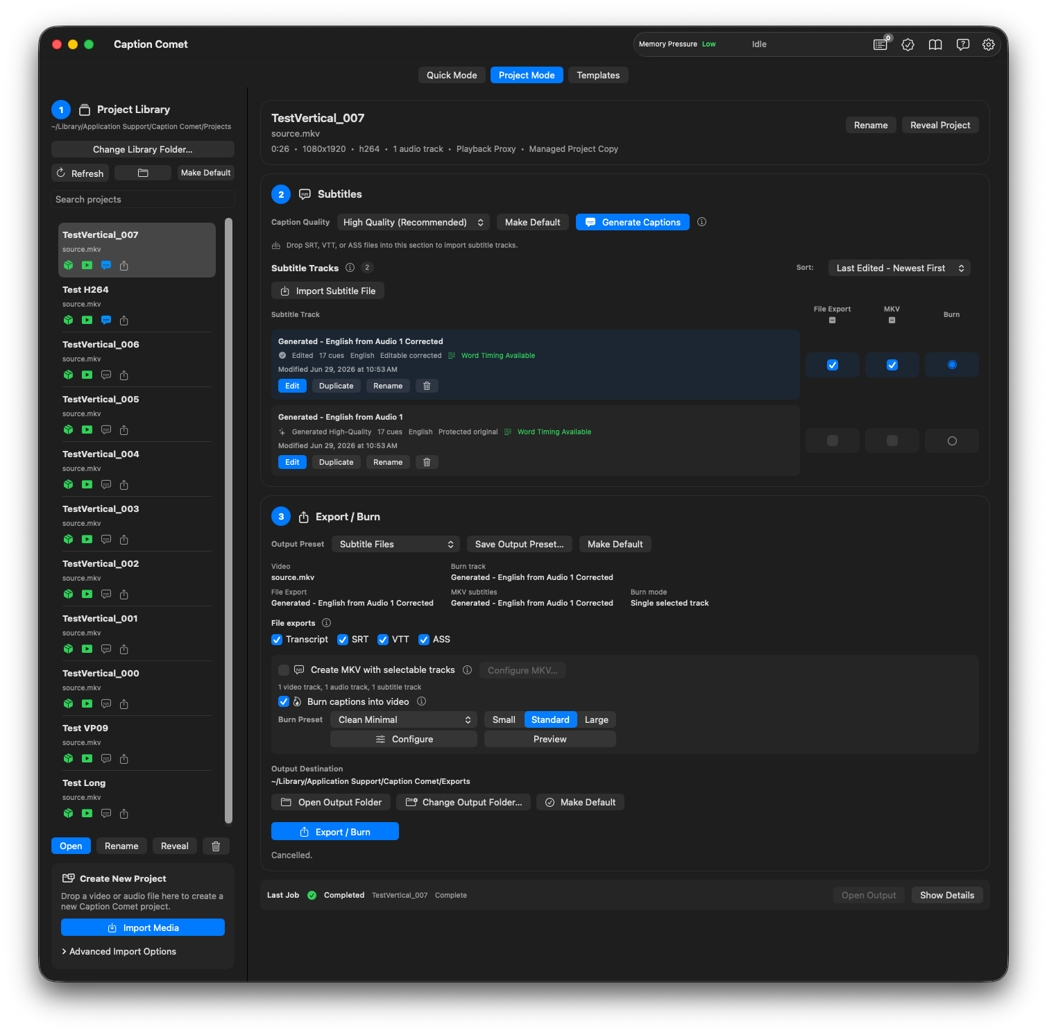 Caption Comet Project Mode with full editing and timeline