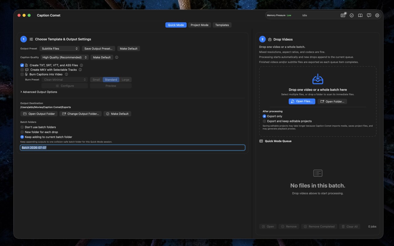 Caption Comet Quick Mode — drop videos to process automatically